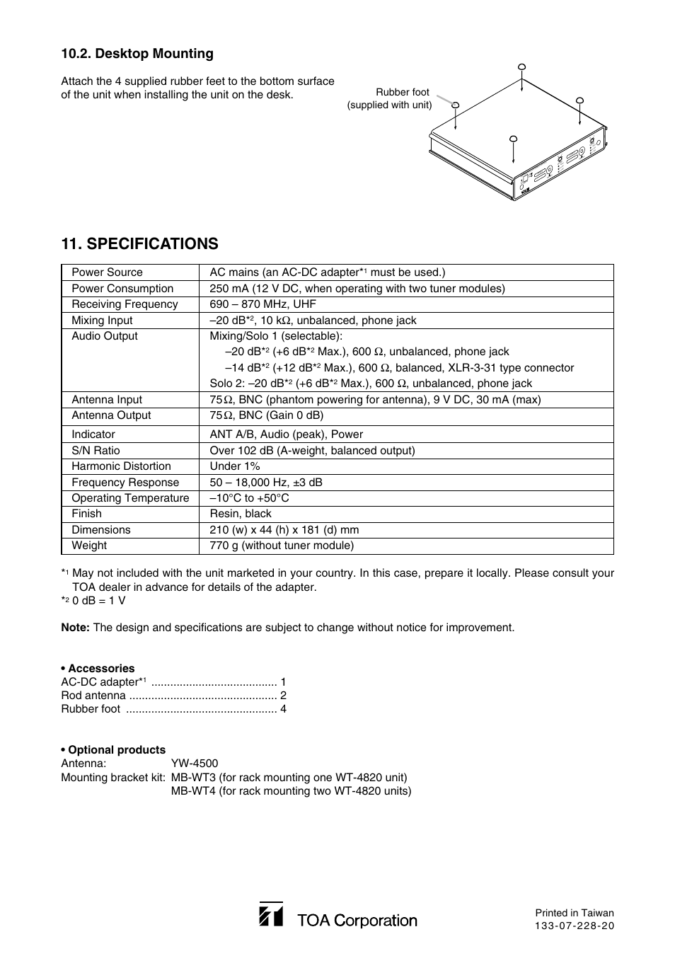 Specifications, Desktop mounting, 6 db | 12 db, Rubber foot (supplied with unit) | TOA Electronics WT-4820 User Manual | Page 8 / 8