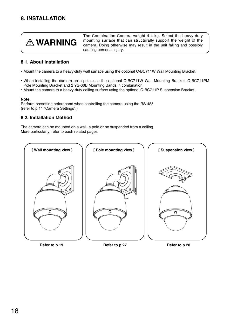 Warning, Installation | TOA Electronics C-CC714 NT User Manual | Page 18 / 32