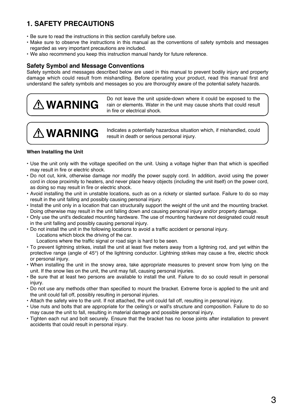 Warning, Safety precautions | TOA Electronics C-CC714 NT User Manual | Page 3 / 32