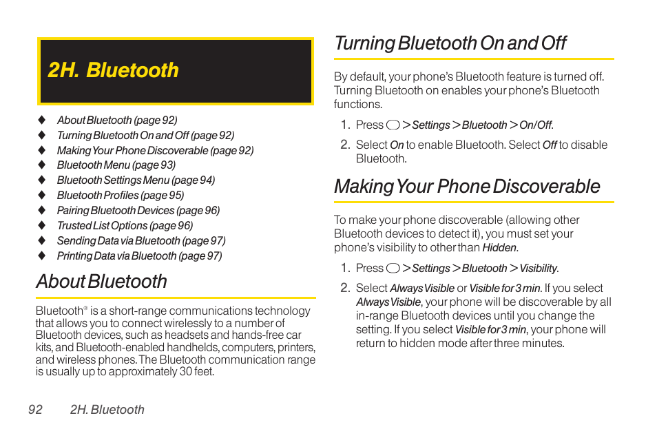 2h. bluetooth, About bluetooth, Turning bluetooth on and off | Making your phone discoverable | TOA Electronics SCP-2700 User Manual | Page 104 / 160