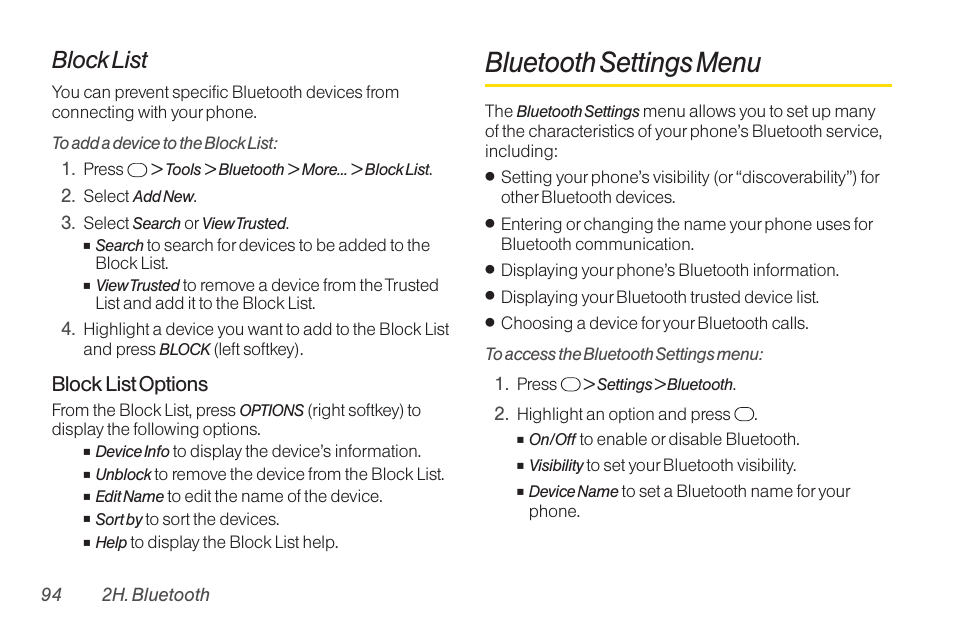 Bluetooth settings menu, Block list, Block list options | TOA Electronics SCP-2700 User Manual | Page 106 / 160