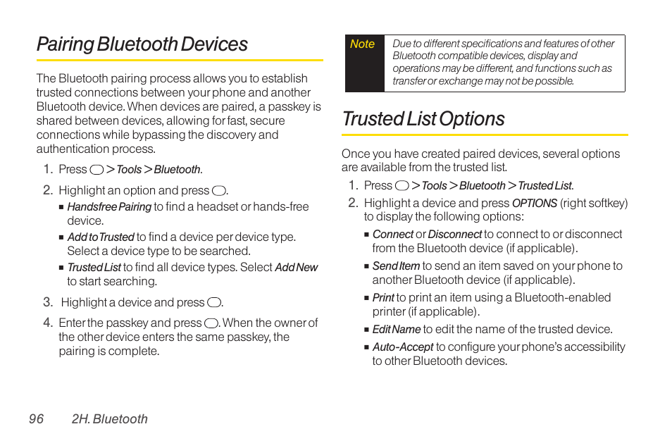 Pairing bluetooth devices, Trusted list options | TOA Electronics SCP-2700 User Manual | Page 108 / 160