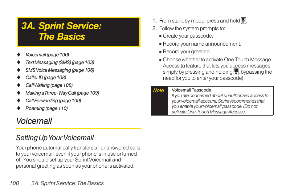 3a. sprint service: the basics, Voicemail, Setting up your voicemail | TOA Electronics SCP-2700 User Manual | Page 112 / 160