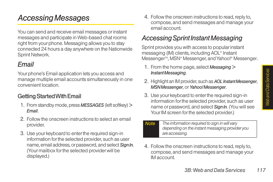 Accessing messages, Email, Accessing sprint instant messaging | TOA Electronics SCP-2700 User Manual | Page 129 / 160