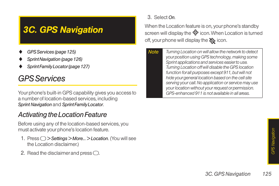 3c. gps navigation, Gps services, Activating the location feature | TOA Electronics SCP-2700 User Manual | Page 137 / 160