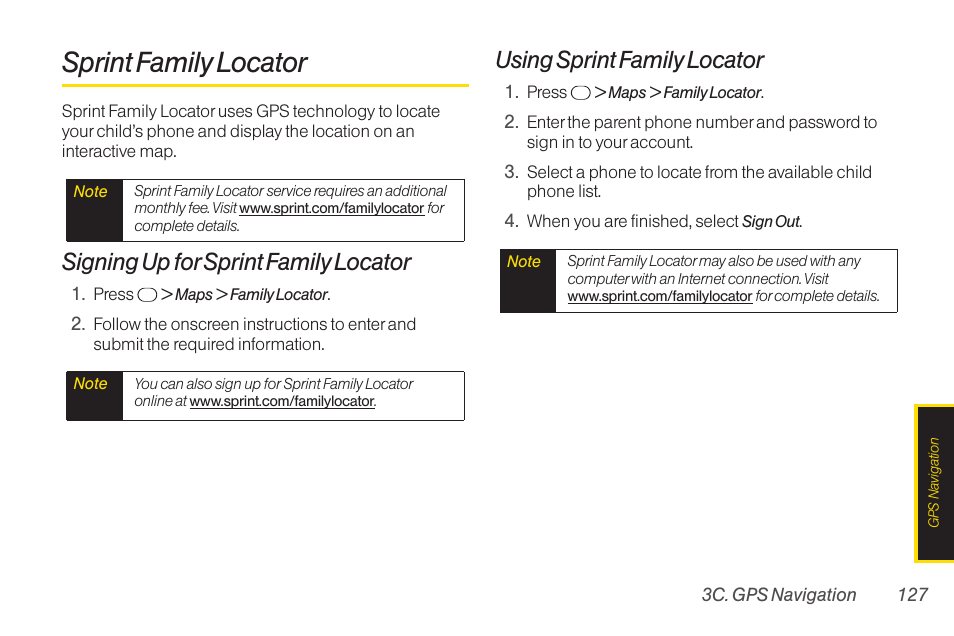 Sprint family locator, Signing up forsprint family locator, Using sprint family locator | TOA Electronics SCP-2700 User Manual | Page 139 / 160