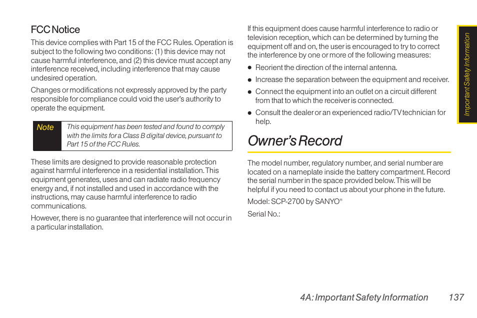 Owner’s record, Fcc notice | TOA Electronics SCP-2700 User Manual | Page 149 / 160