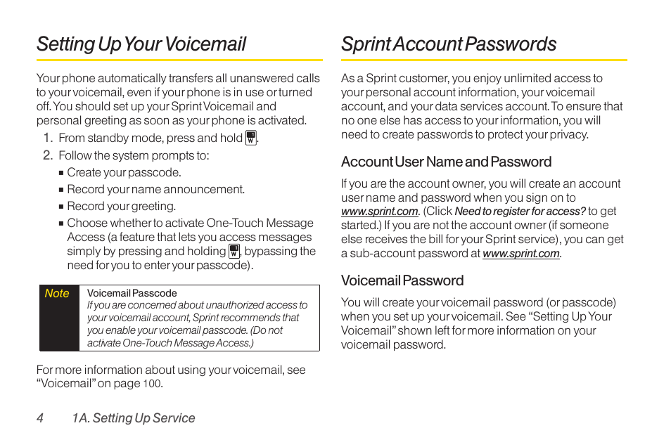 Setting up your voicemail, Sprint account passwords, Setting upyour voicemail | TOA Electronics SCP-2700 User Manual | Page 16 / 160