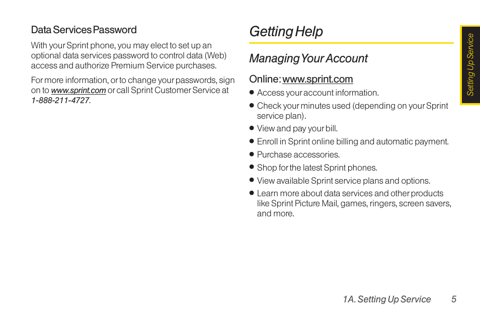 Getting help, Managing your account, Data services password | TOA Electronics SCP-2700 User Manual | Page 17 / 160
