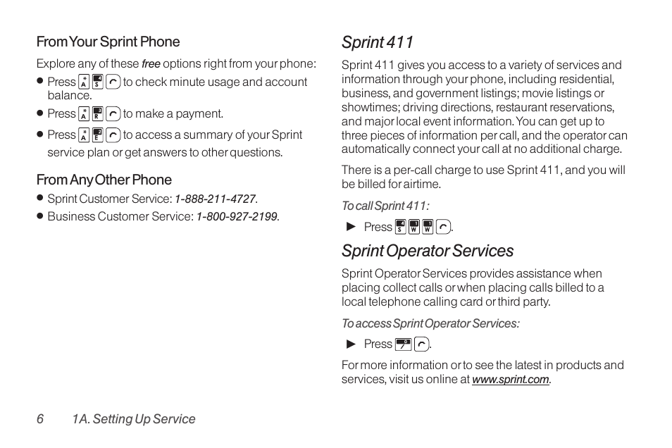 Sprint 411, Sprint operator services | TOA Electronics SCP-2700 User Manual | Page 18 / 160