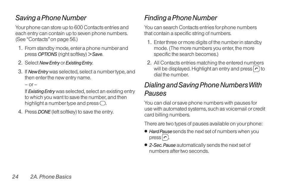 Saving a phone number, Finding a phone number, Dialing and saving phone numbers with pauses | TOA Electronics SCP-2700 User Manual | Page 36 / 160