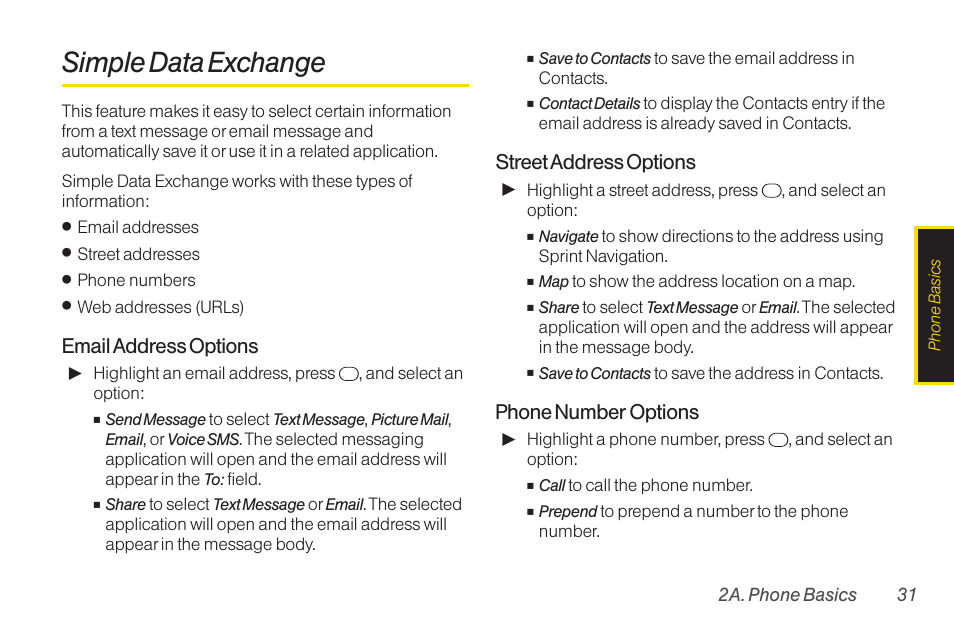 Simple data exchange, Email address options, Street address options | Phone number options | TOA Electronics SCP-2700 User Manual | Page 43 / 160
