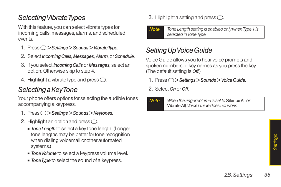 Selecting vibrate types, Selecting a key tone, Setting up voice guide | TOA Electronics SCP-2700 User Manual | Page 47 / 160