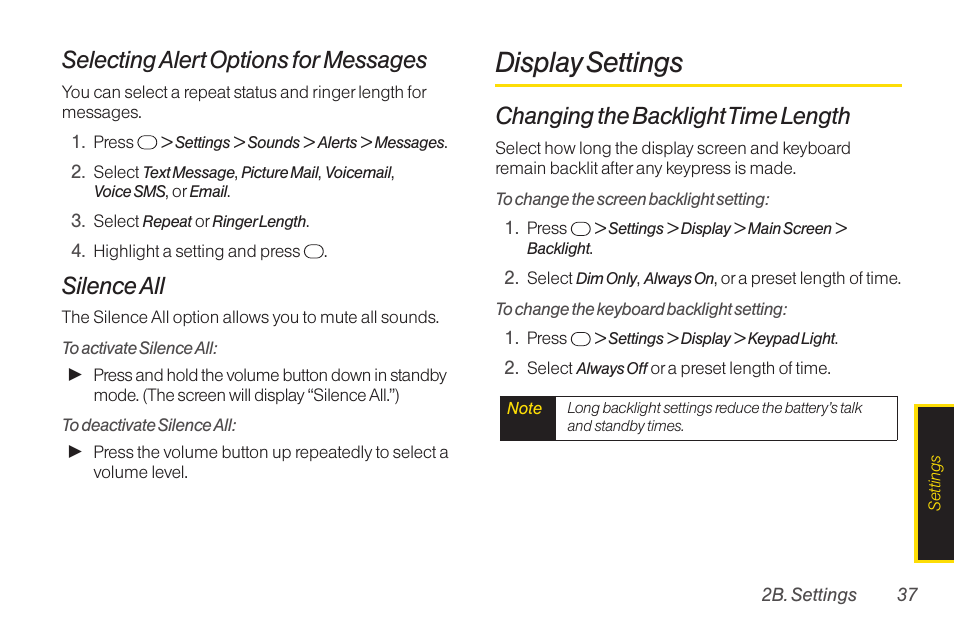 Display settings, Selecting alert options for messages, Silence all | Changing the backlighttime length | TOA Electronics SCP-2700 User Manual | Page 49 / 160