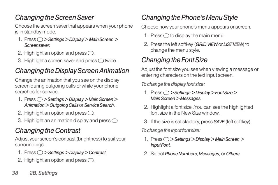 Changing the screen saver, Changing the display screen animation, Changing the contrast | Changing the phone’s menu style, Changing the font size | TOA Electronics SCP-2700 User Manual | Page 50 / 160