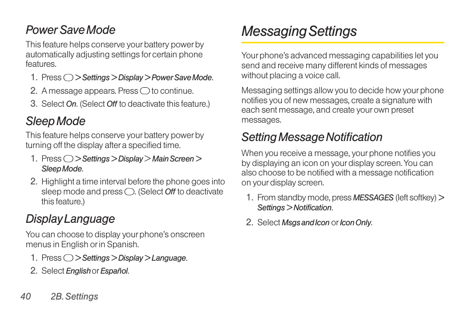 Messaging settings, Power save mode, Sleep mode | Display language, Setting message notification | TOA Electronics SCP-2700 User Manual | Page 52 / 160