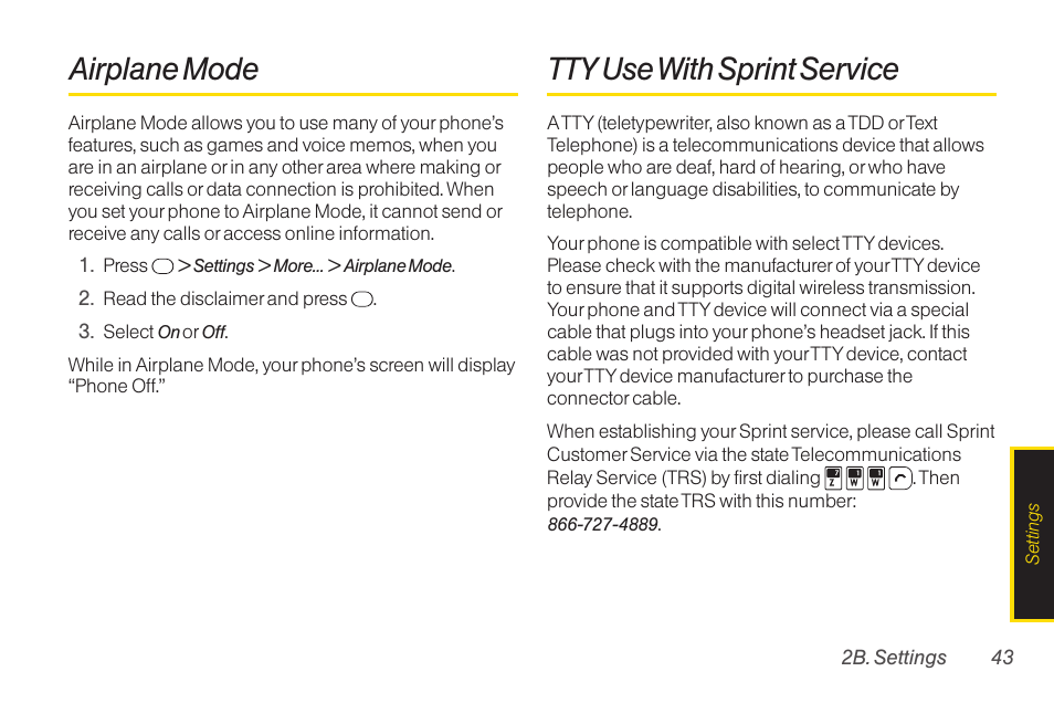 Airplane mode, Tty use with sprint service, Tty usewith sprint service | TOA Electronics SCP-2700 User Manual | Page 55 / 160