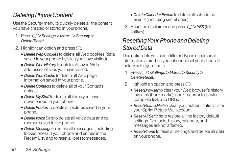 Deleting phone content, Resetting your phone and deleting stored data | TOA Electronics SCP-2700 User Manual | Page 62 / 160