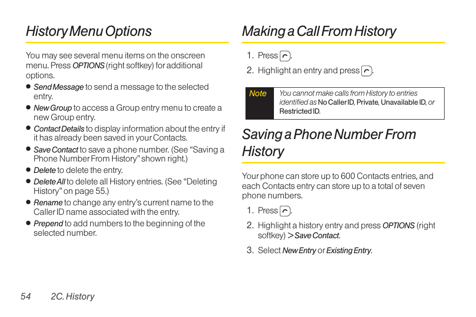 History menu options, Making a call from history, Saving a phone number from history | TOA Electronics SCP-2700 User Manual | Page 66 / 160