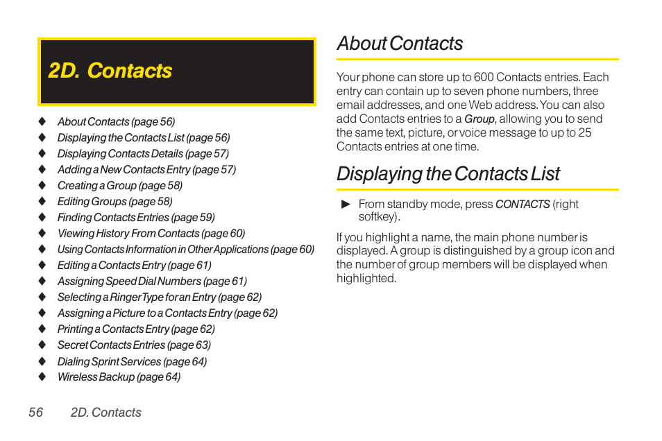 2d. contacts, About contacts, Displaying the contacts list | TOA Electronics SCP-2700 User Manual | Page 68 / 160