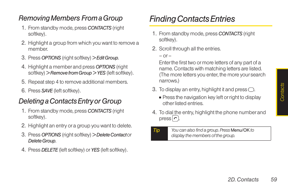Finding contacts entries, Removing members from a group, Deleting a contacts entry or group | TOA Electronics SCP-2700 User Manual | Page 71 / 160