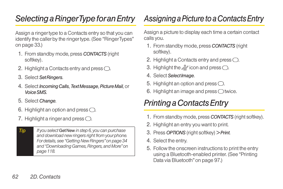 Selecting a ringer type for an entry, Assigning a picture to a contacts entry, Printing a contacts entry | Selecting a ringertype for an entry, Selecting a ringertype foran entry | TOA Electronics SCP-2700 User Manual | Page 74 / 160