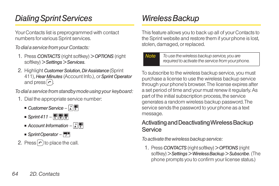 Dialing sprint services, Wireless backup | TOA Electronics SCP-2700 User Manual | Page 76 / 160