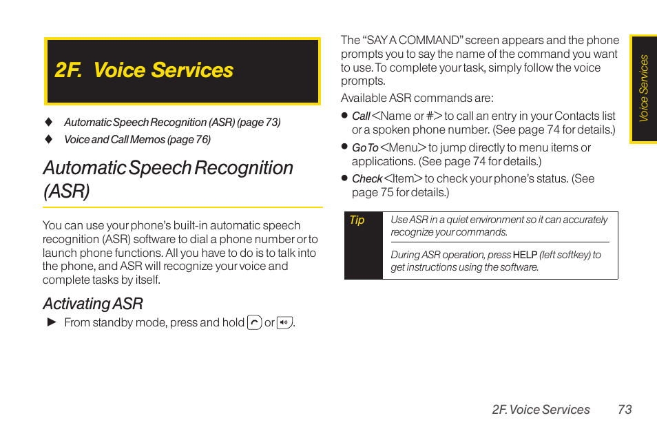 2f. voice services, Automatic speech recognition (asr), Activating asr | TOA Electronics SCP-2700 User Manual | Page 85 / 160