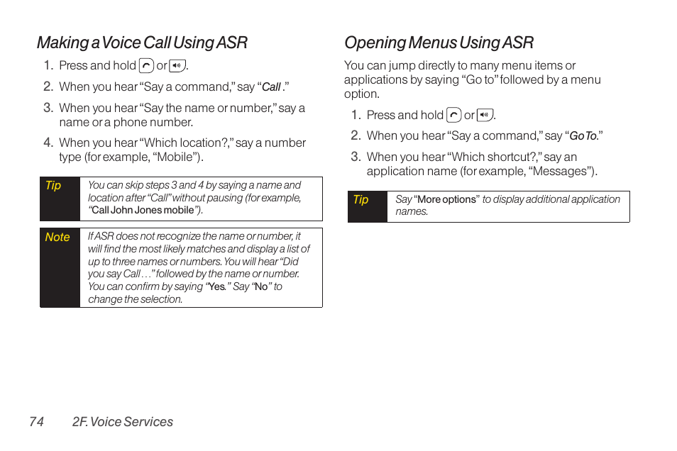 Making a voice call using asr, Opening menus using asr | TOA Electronics SCP-2700 User Manual | Page 86 / 160