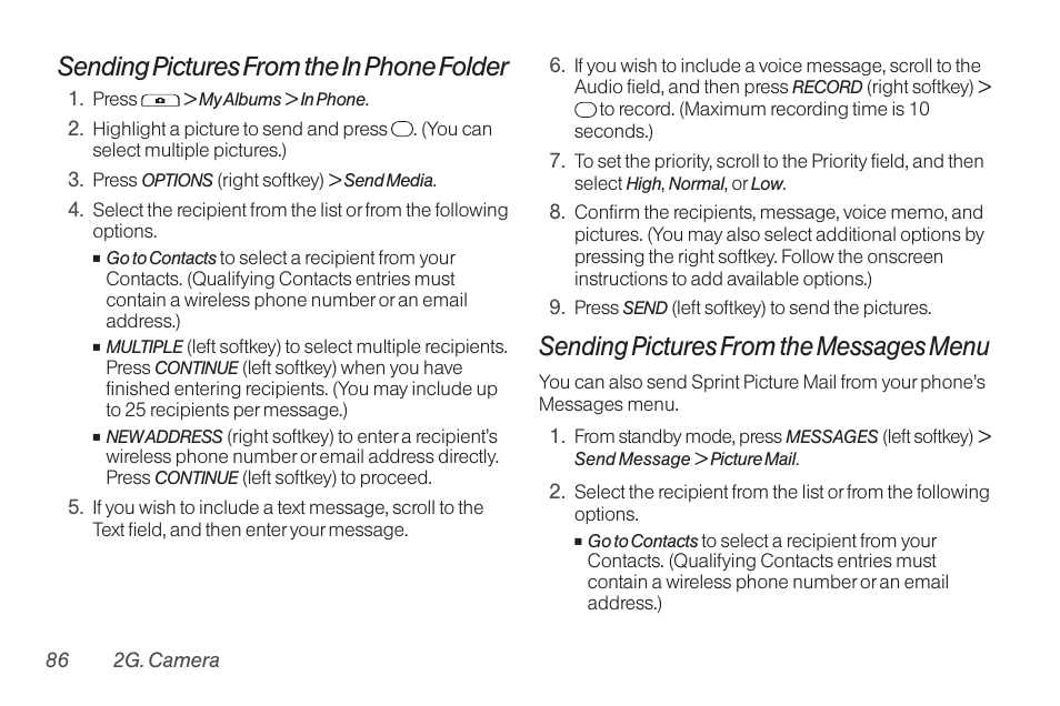 Sending pictures from the in phone folder, Sending pictures from the messages menu | TOA Electronics SCP-2700 User Manual | Page 98 / 160