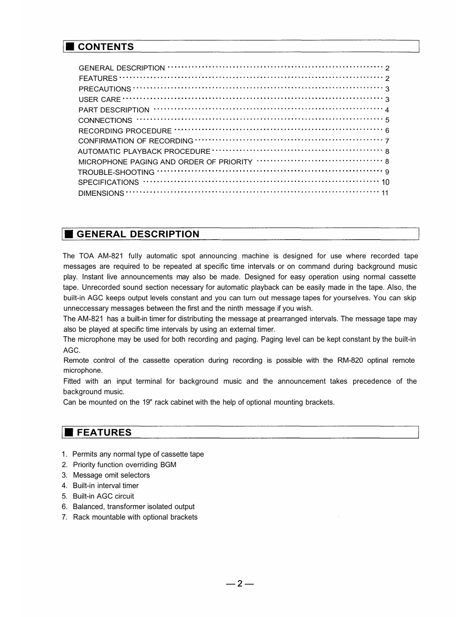 TOA Electronics AM-821 User Manual | Page 2 / 12