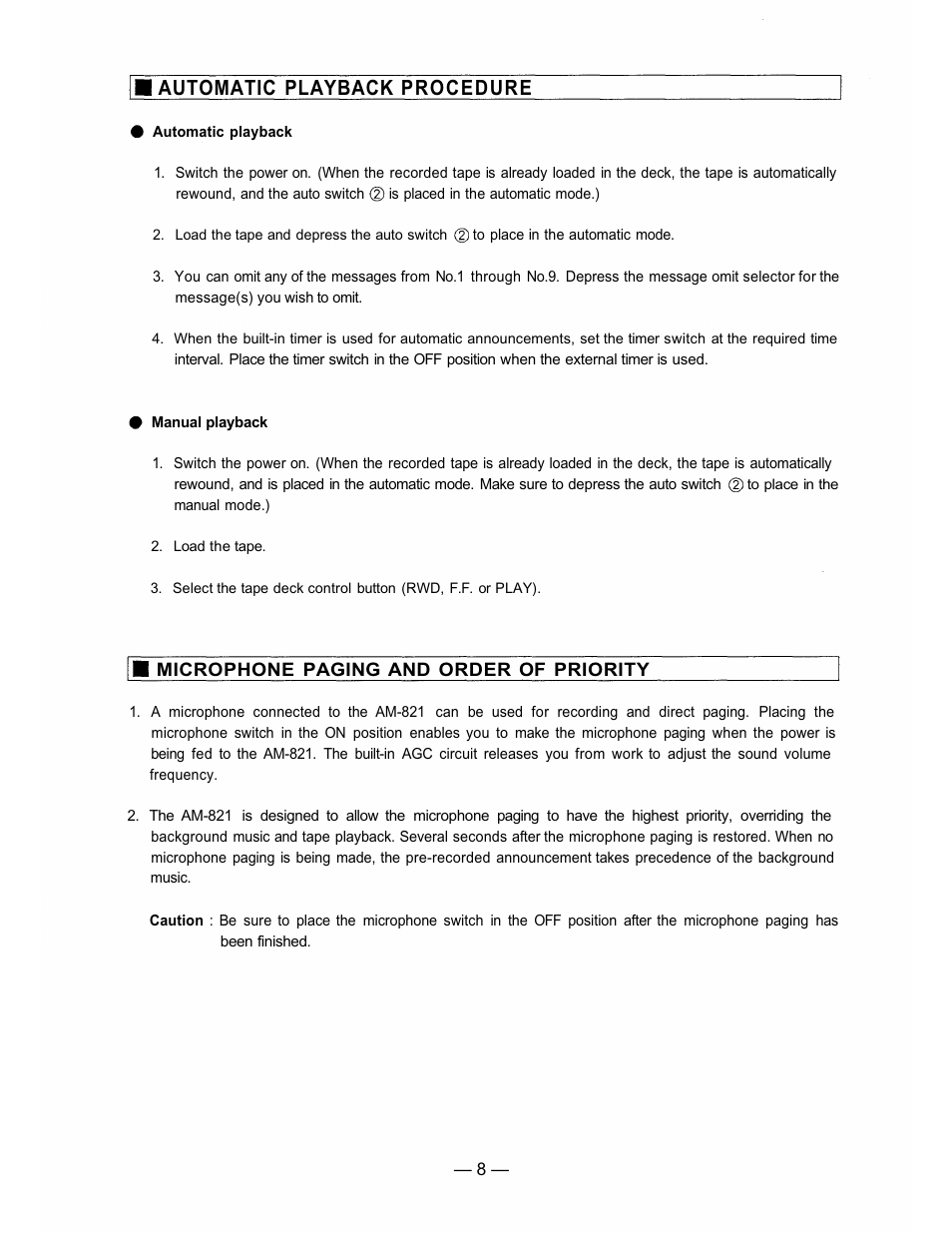 Automatic playback procedure | TOA Electronics AM-821 User Manual | Page 8 / 12