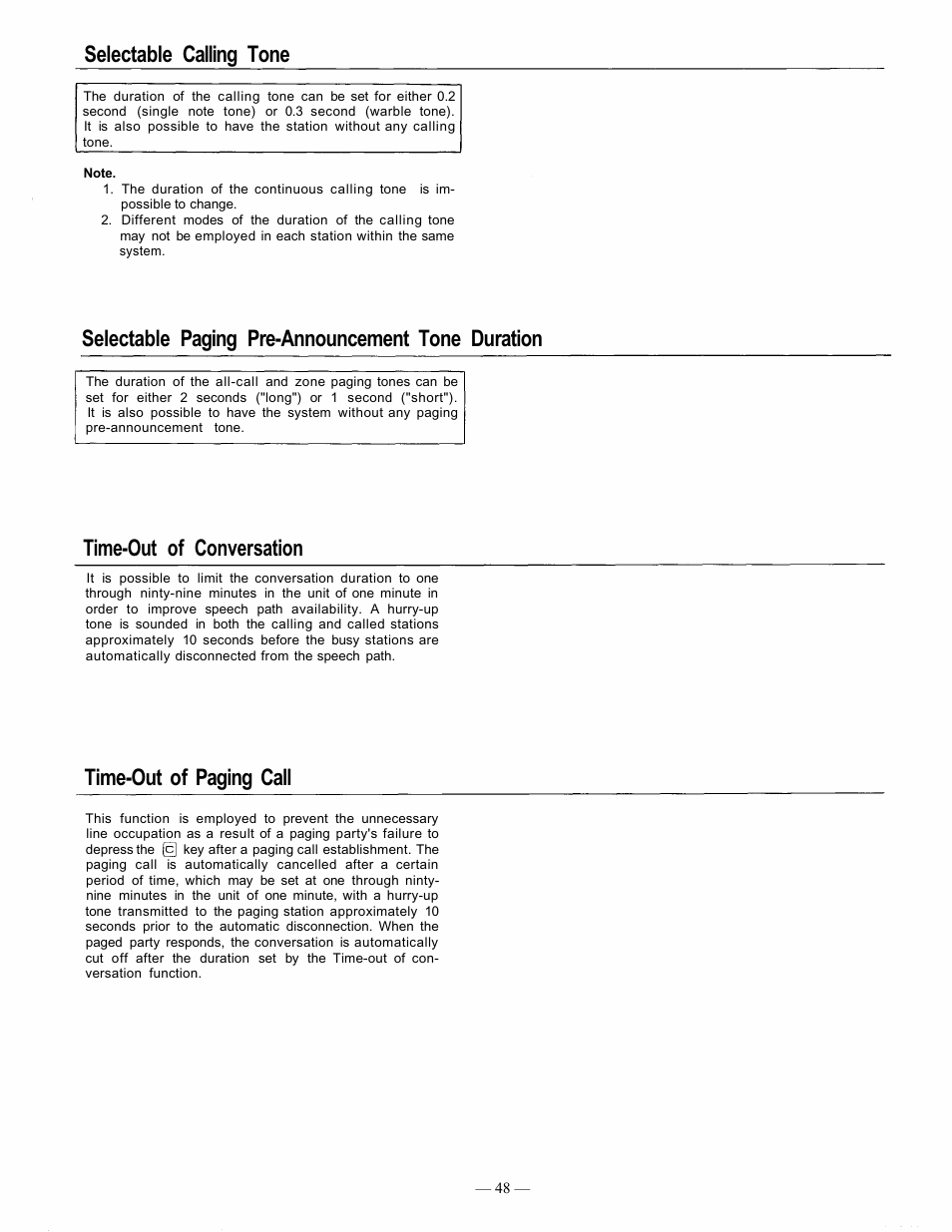 Selectable calling tone, Selectable paging pre-announcement tone duration, Time-out of conversation | Time-out of paging call | TOA Electronics EXES 6000 CP-63 User Manual | Page 49 / 57