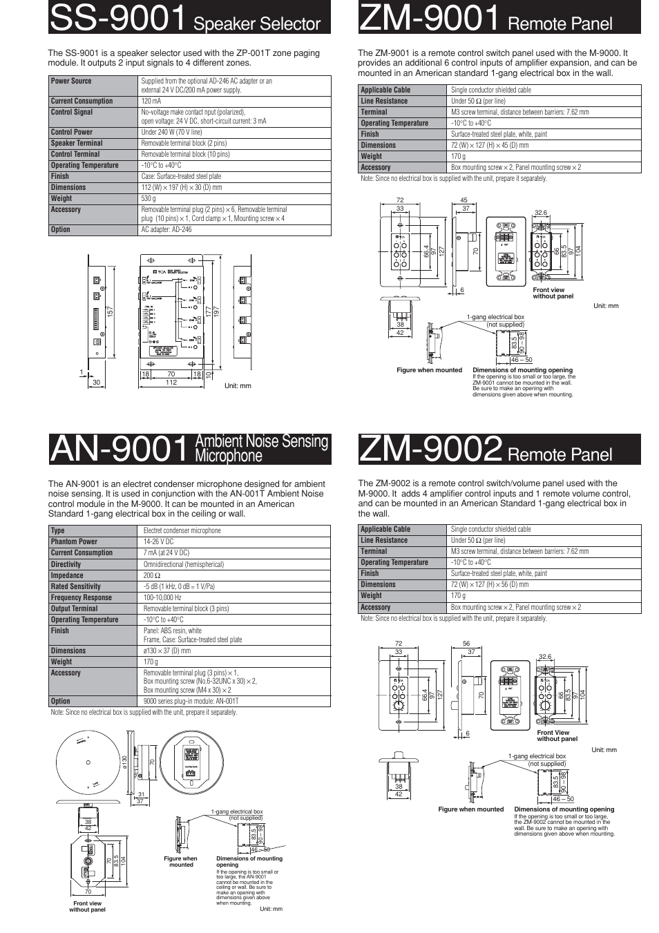 Zm-9001, Ss-9001, An-9001 | Zm-9002, Remote panel, Speaker selector, Ambient noise sensing microphone | TOA Electronics TOA M-9000 User Manual | Page 3 / 4