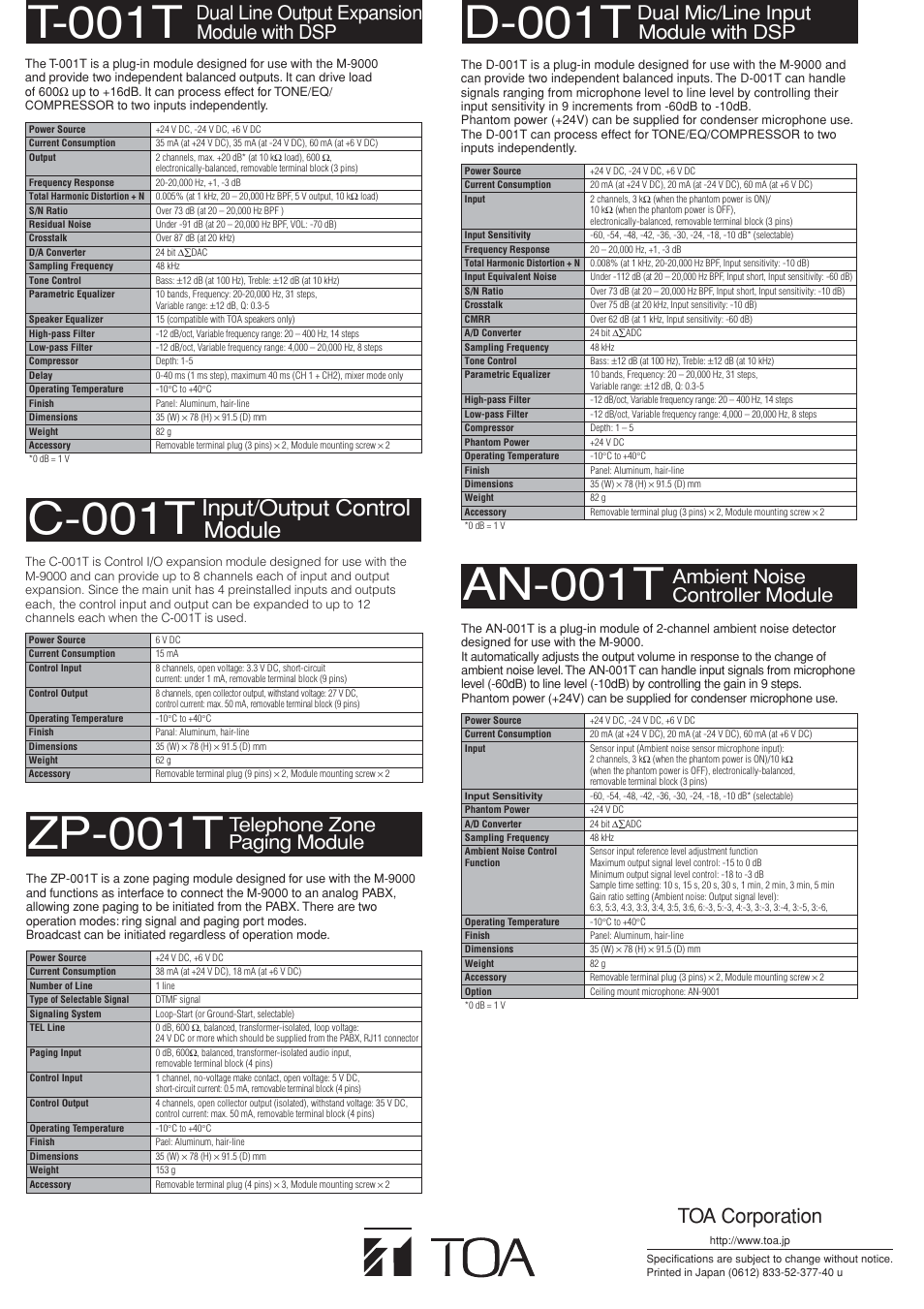 T-001t, D-001t, C-001t | An-001t, Zp-001t, Input/output control module, Toa corporation, Dual line output expansion module with dsp, Dual mic/line input module with dsp, Ambient noise control ler module | TOA Electronics TOA M-9000 User Manual | Page 4 / 4