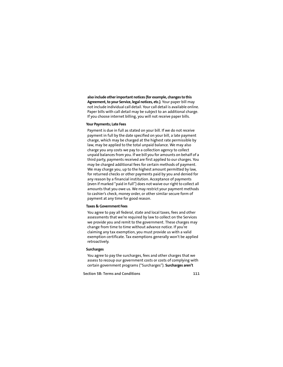Your payments; late fees, Taxes & government fees, Surcharges | TOA Electronics OVATION U720 User Manual | Page 117 / 129