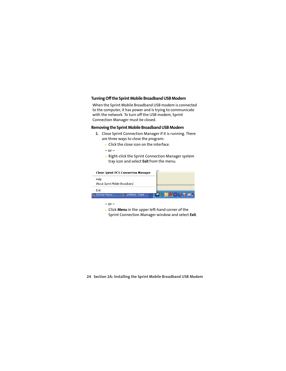 Turning off the sprint mobile broadband usb modem, Removing the sprint mobile broadband usb modem | TOA Electronics OVATION U720 User Manual | Page 30 / 129