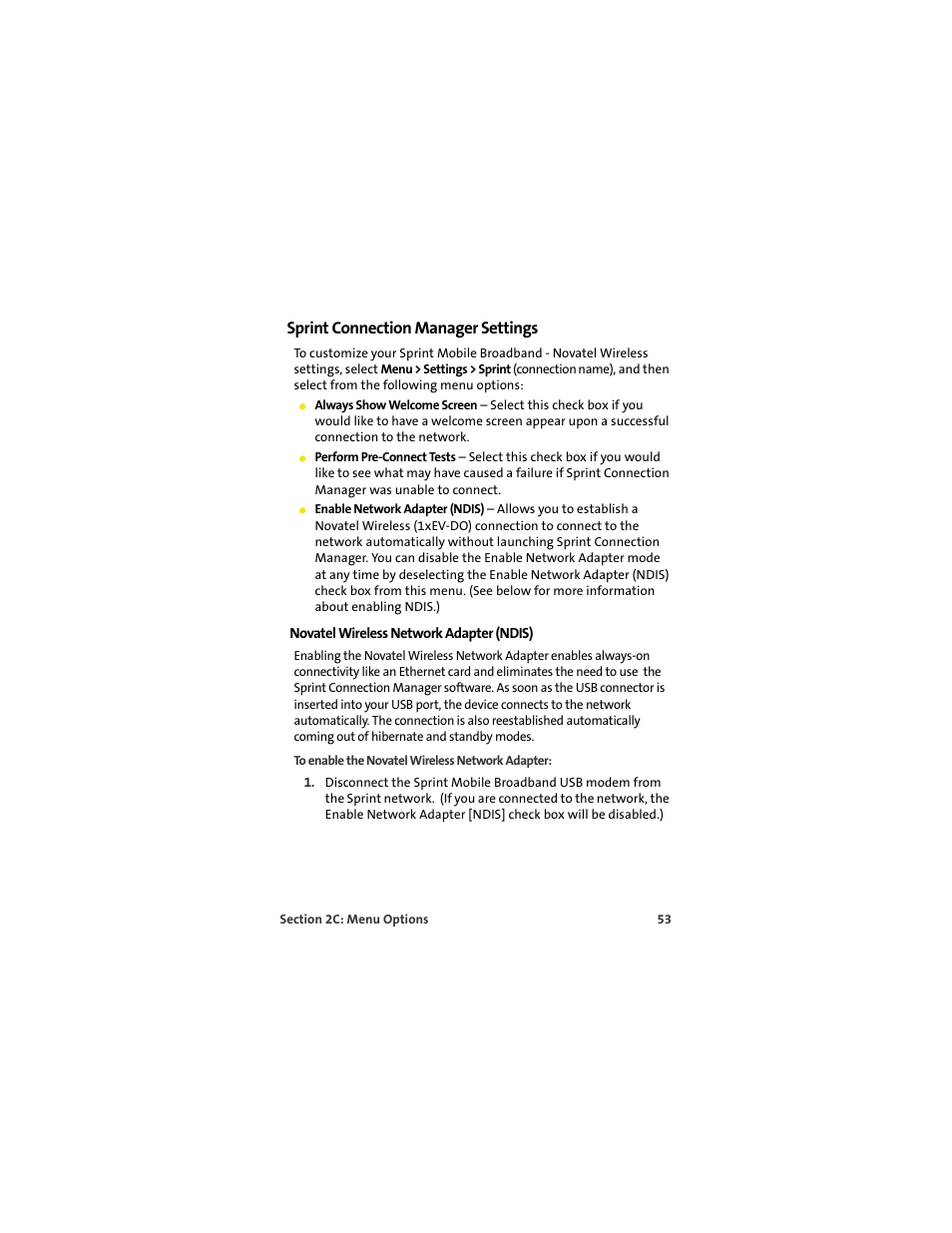 Sprint connection manager settings, Novatel wireless network adapter (ndis) | TOA Electronics OVATION U720 User Manual | Page 59 / 129