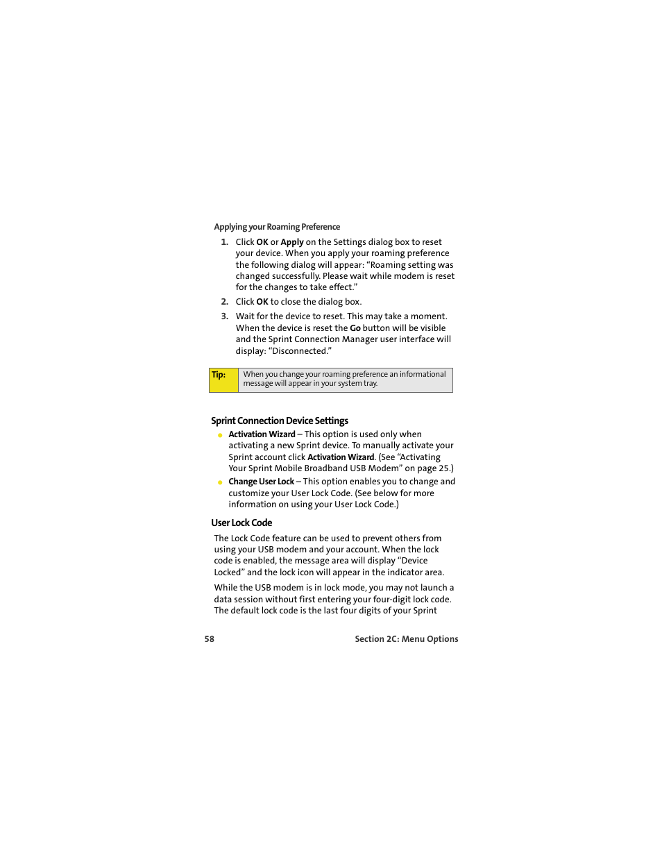 Sprint connection device settings, User lock code | TOA Electronics OVATION U720 User Manual | Page 64 / 129