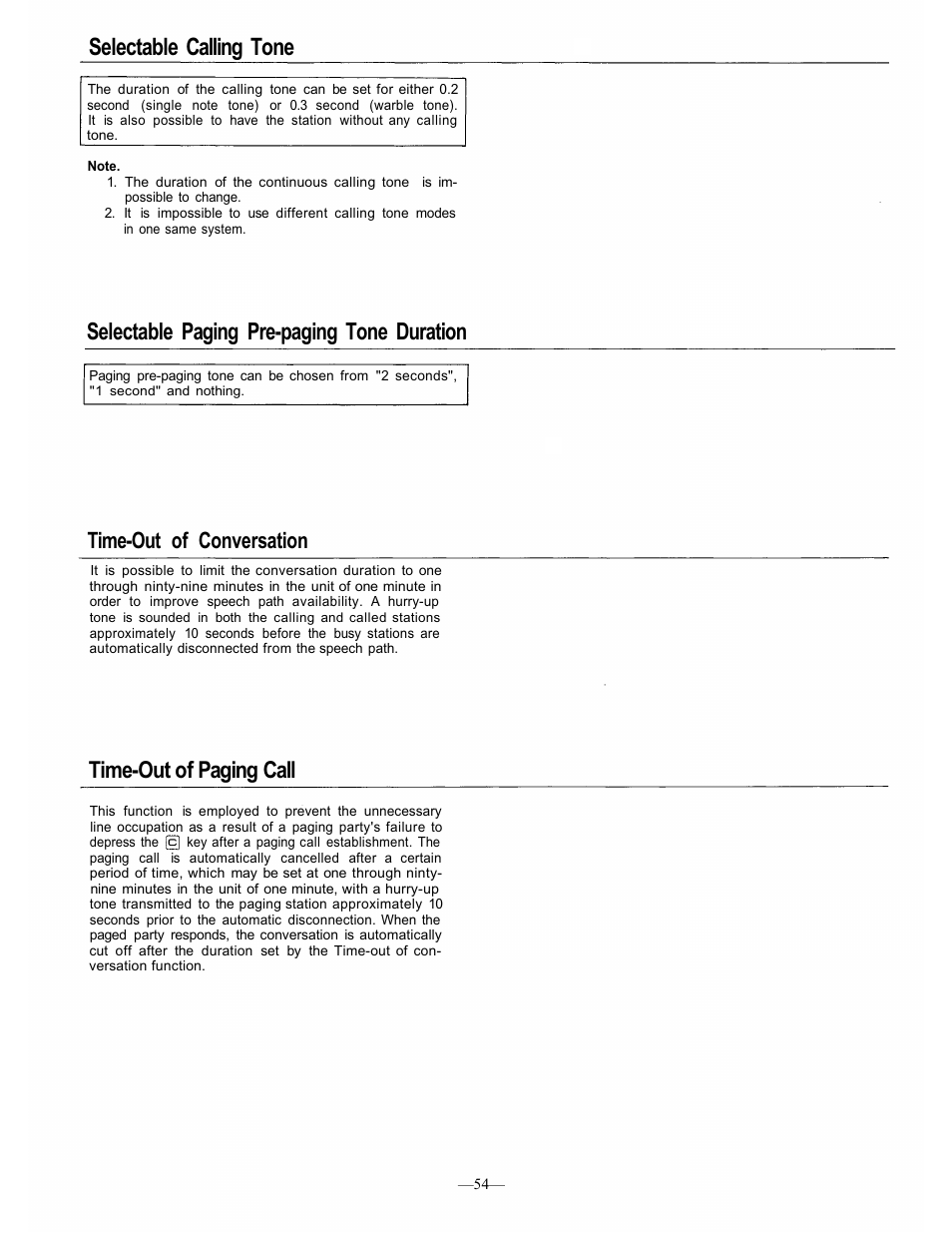 Selectable calling tone, Selectable paging pre-paging tone duration, Time-out of paging call | Time-out of conversation | TOA Electronics CP-66 User Manual | Page 59 / 122