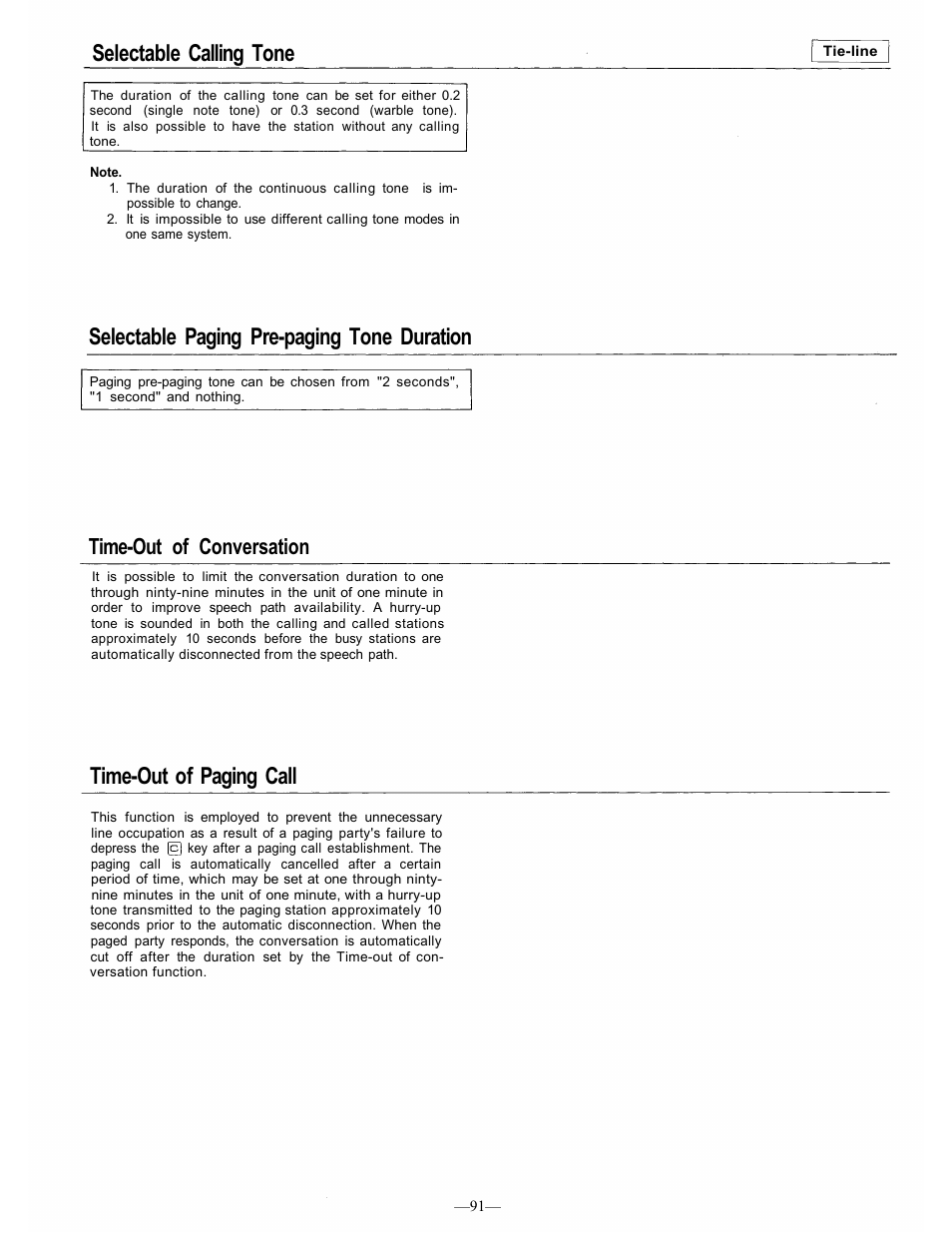 Selectable calling tone, Selectable paging pre-paging tone duration, Time-out of paging call | Time-out of conversation | TOA Electronics CP-66 User Manual | Page 97 / 122