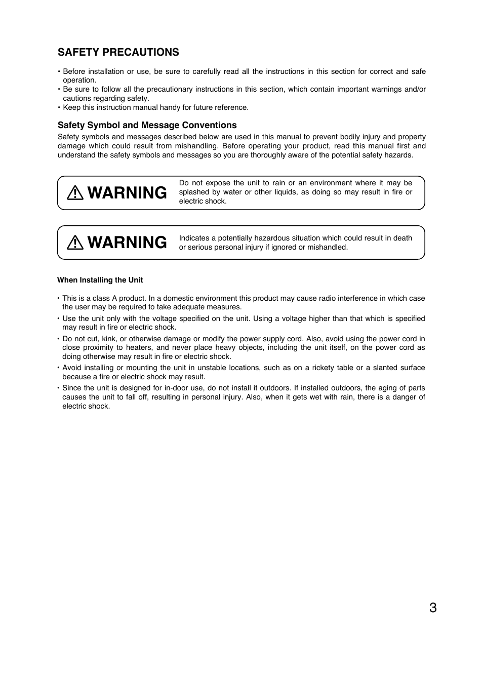 Warning, Safety precautions | TOA Electronics N-VR2010 User Manual | Page 3 / 16