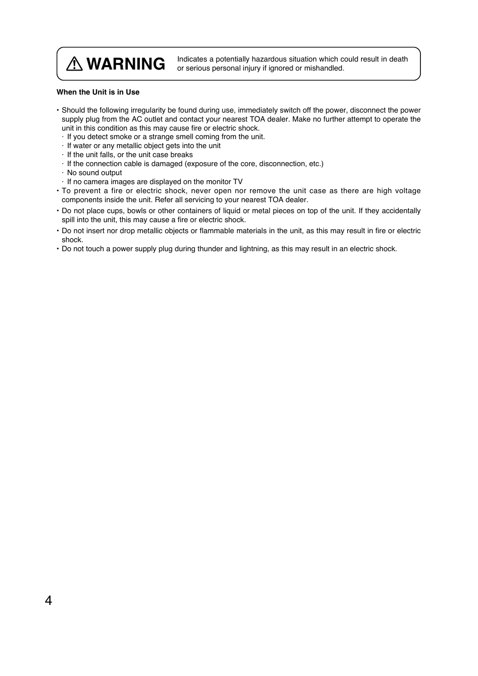 Warning | TOA Electronics N-VR2010 User Manual | Page 4 / 16