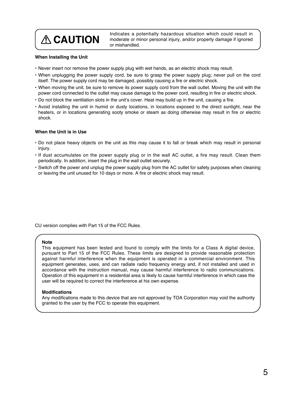Caution | TOA Electronics N-VR2010 User Manual | Page 5 / 16