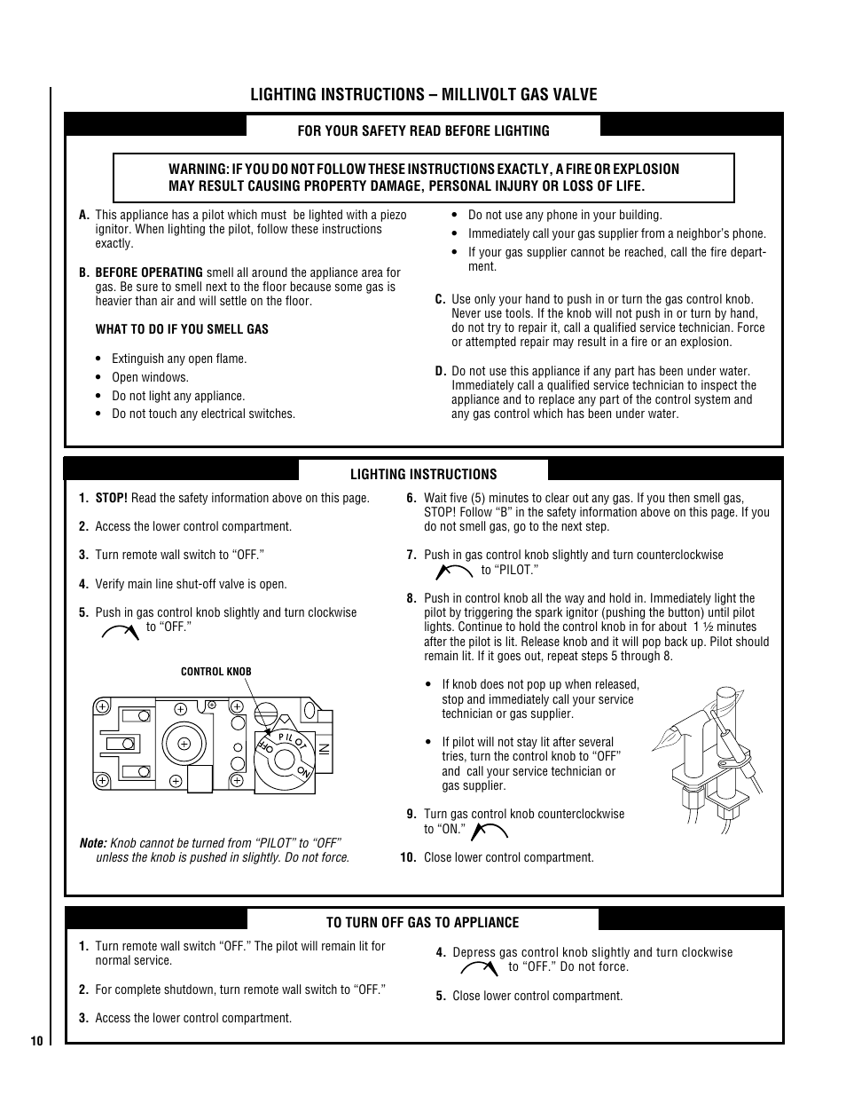 Lighting instructions – millivolt gas valve | TOA Electronics P0055-DRG User Manual | Page 10 / 20