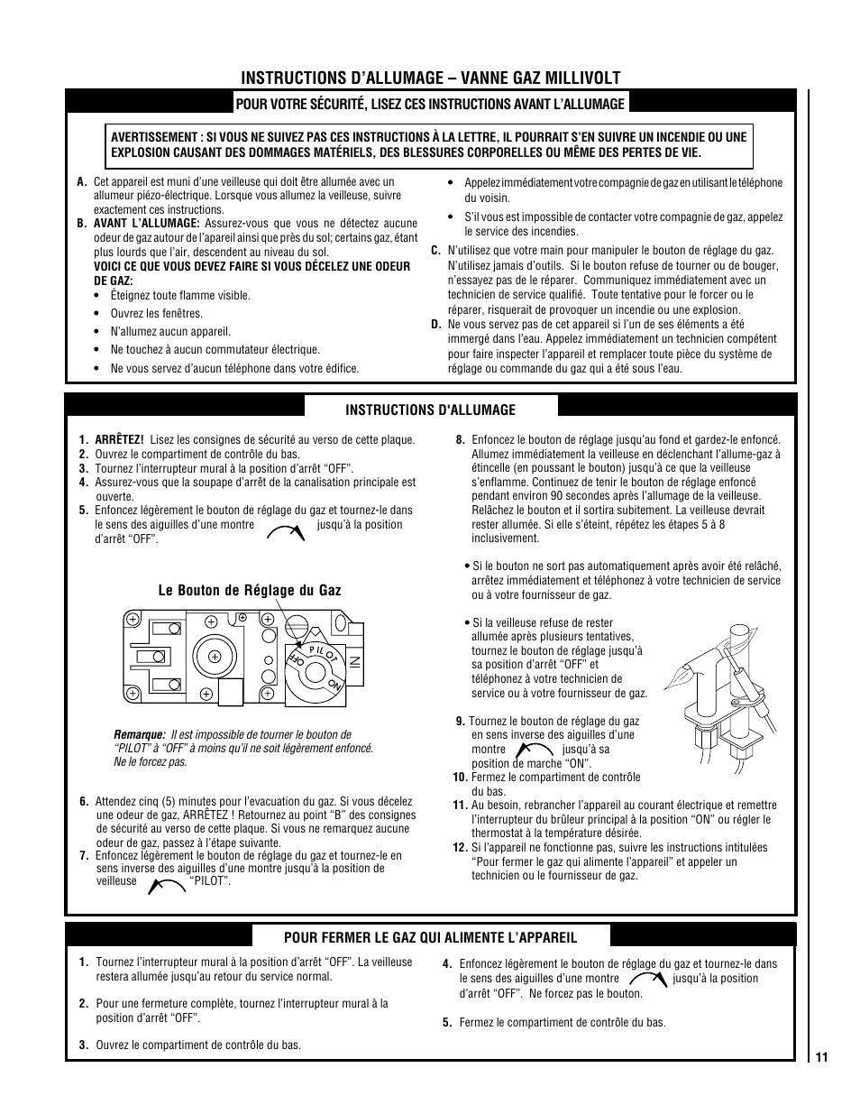 Instructions d’allumage – vanne gaz millivolt | TOA Electronics P0055-DRG User Manual | Page 11 / 20