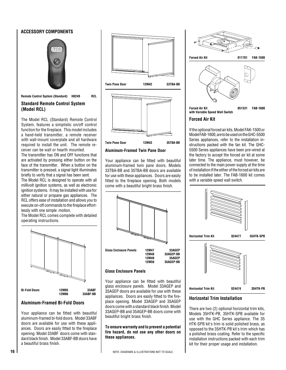 Accessory components, Standard remote control system (model rcl), Forced air kit | Horizontal trim installation, Aluminum-framed bi-fold doors | TOA Electronics P0055-DRG User Manual | Page 16 / 20