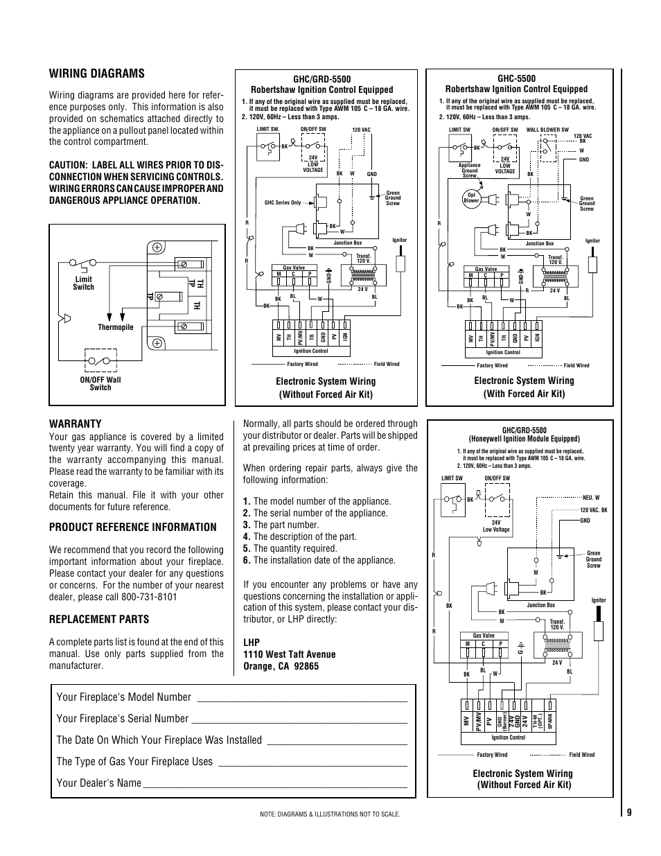 Wiring diagrams, Warranty, Product reference information | Replacement parts, Ghc/grd-5500 robertshaw ignition control equipped, Ghc-5500 robertshaw ignition control equipped | TOA Electronics P0055-DRG User Manual | Page 9 / 20