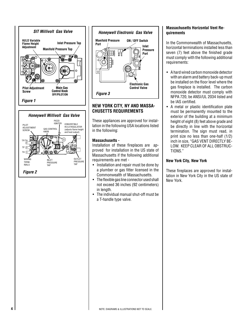 New york city, ny and massa- chusetts requirements, Sit millivolt gas valve, Figure 1 figure 3 honeywell electronic gas valve | Figure 2, Honeywell millivolt gas valve | TOA Electronics SSDV-3328 User Manual | Page 4 / 36