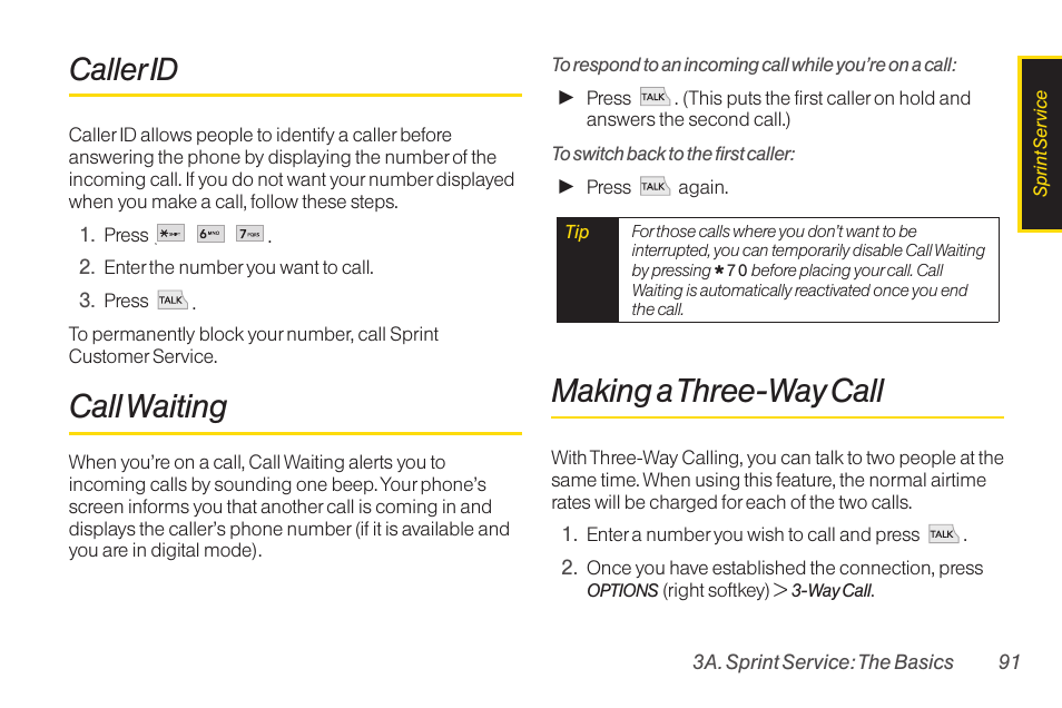 Caller id, Call waiting, Making a three-way call | TOA Electronics LG LX290 User Manual | Page 103 / 141